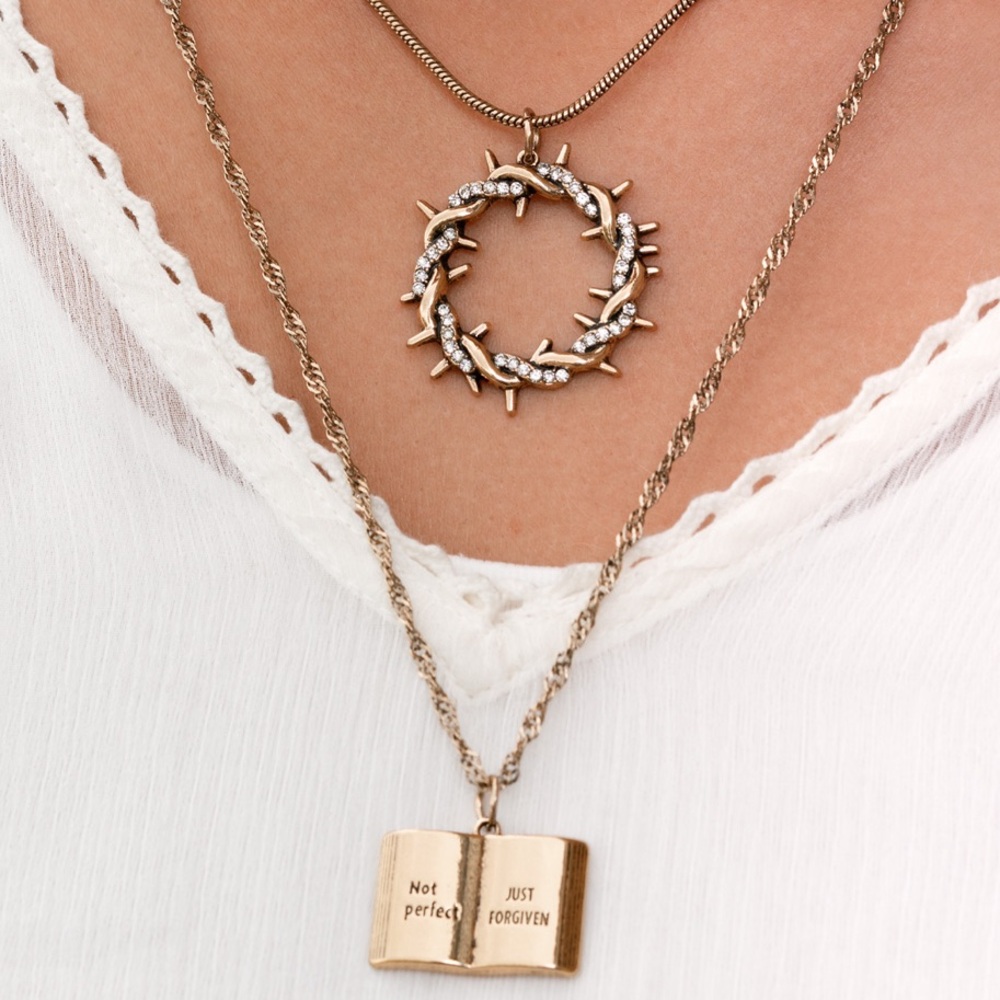 Gold Layered Bible Necklace with “Not Perfect but Forgiven” & a Crown of Thorns - Picture 4 of 4